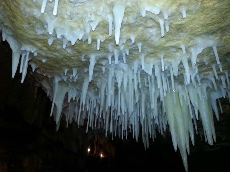 White stalactites hanging from a cave ceiling.