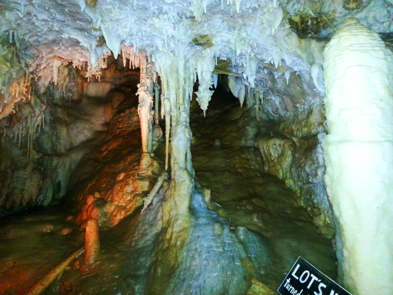 Cave interior with stalactites, stalagmites, and a sign partially visible.