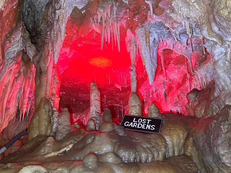 Cave with red lighting and stalactites, sign reads 'Lost Gardens'.