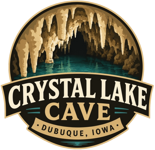 Logo of Crystal Lake Cave with stalactites and water reflection.