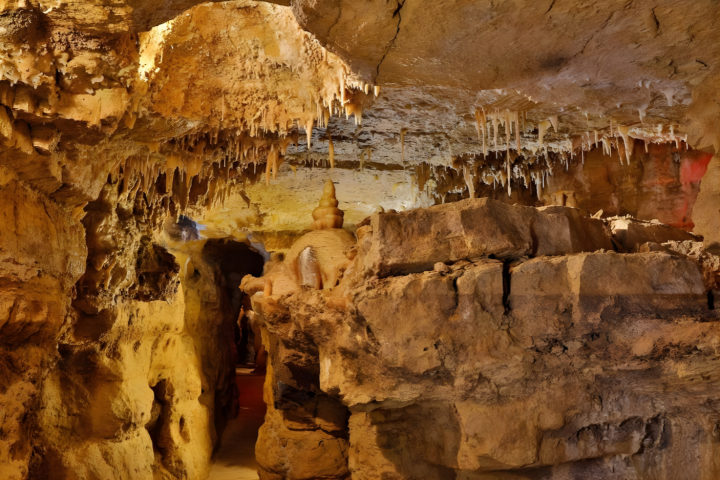 Rock formations and stalactites inside a cave.