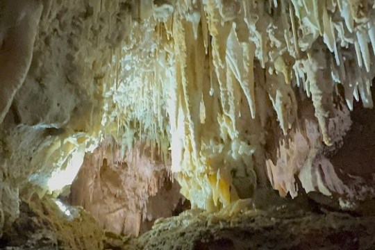 Cave interior with stalactites hanging from the ceiling.
