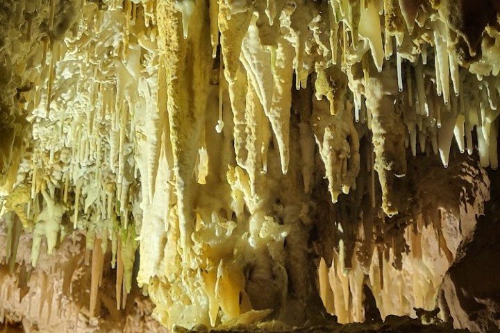 Stalactites hanging from cave ceiling with dim lighting.