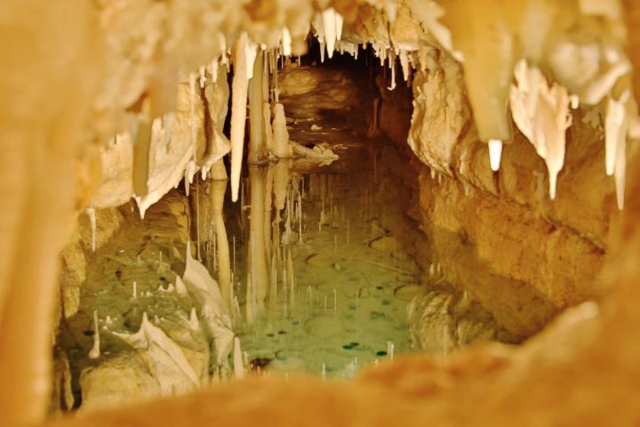 Cave interior with stalactites and a reflecting pool.