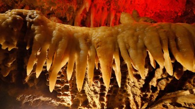 Stalactites hanging from a cave ceiling, illuminated by red and white lights.