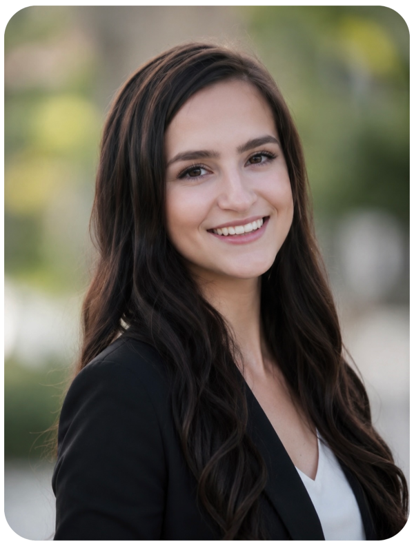 Smiling woman with long dark hair in a black blazer outdoors.